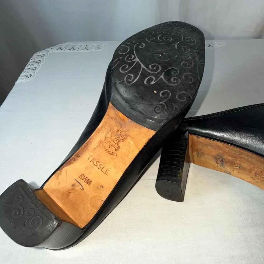 Vintage Brighton Tassle Mules‎ 8.5M Croc Embossed Black Brown Leather Heels Boho